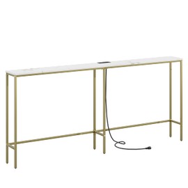 SONGXIN 70.9 Inch Console Table with Power Outlet,Modern Narrow Long Sofa Table Behind Couch,Skinny Entry Table with Gold Metal Frame for Entryway,Living Room, Hallway,Marble White