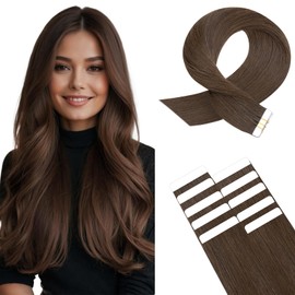 Benehair Invisible Tape in Injected Hair Extensions Real Human Weft Remy Natural Real Hair Extension Straight 10 Pcs #2 Dark Brown 14 Inches (20g)