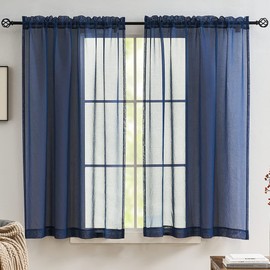 Sheer Curtains Navy Blue 45 Inches, Rod Pocket Voile Drapes for Living Room, Bedroom, Window Treatments Semi Crinkle Curtain Panels for Yard, Patio, Villa, Parlor, Set of 2, 52"x 45".