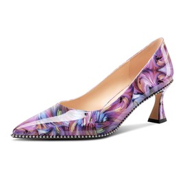 TNYNFBEB Womens Kitten Heel Pointed Toe Pumps Slip-on Sliver Beaded Prom Wedding Dress Basic Classic Patent Leather Summer 2.6 Inches Heels Purple Vortex 8 M US