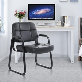 CLATINA Big and Tall 400 lbs Office Guest Chair with Sled Base, Leather Waiting Room Reception Chair No Wheels with Padded Arms for Elderly Home Meeting Conference Room Lobby Side Salon, Black 2 PK