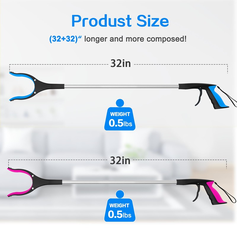 2-Pack 32" and 43" Long Grabber Reacher Tool, Tool Intergrated