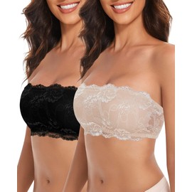 WOWENY 2 Packs Womens Wirefree Lace Bandeau Bra Strapless Tube Top Padded Bralette Seamless Wirefree Underoutfit Bras Black&Beige L
