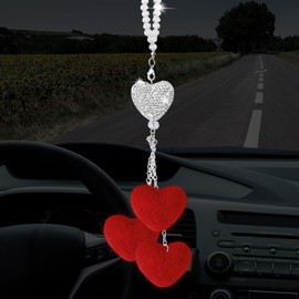 Frienda Accesorios para Coche con Diamantes y Corazones Brillantes para Mujer Encantos de Espejo Retrovisor de Cristal Decoración de Coche Regalos de San Valentín Colgante de Adorno de Suerte (Rojo)