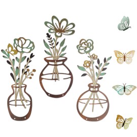 BoAn 3 Pieces Metal Flower Wall Art with 4 Butterflies – Rustic Farmhouse & Boho Floral Wall Decor for Living Room, Bedroom, Bathroom – Durable Pre-Drilled Home Wall Decorations, Housewarming Gift