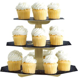 Unique 47990 Black & Gold Tiered Cupcake Stand-1 Count (Pack of 1), Multicolour