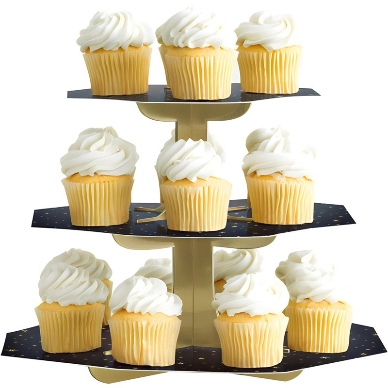 Unique 47990 Black & Gold Tiered Cupcake Stand-1 Count (Pack