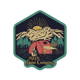Die Cut Sticker Gone Camping, Camping Scene, Vinyl Sticker 3 to 6 inches, (Waterproof Decal for Cars, Water Bottles, Laptops, Coolers), Large