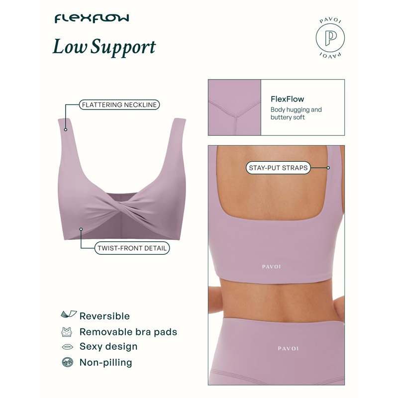 PAVOI ACTIVE Yoga Bra | Low Support Twist-Front Reversible Moisture-Wicking