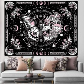 Fungarth Skeleton Butterfly Tapestry Pink Skull Hippie Mushroom Plants Tapestry for Bedroom Moon phase Aesthetic Tapestries Wall Hanging for Living Room Dorm (Pink, 60” x 44”)