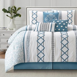 LANCO MODERN LIFESTYLE Blue Queen Comforter Set, 7 Pieces All Season Bedding Sets in a Bag with Geometric Terry Embroidered Comforter, Bed Skirt, Pillow Shams and Decorative Pillows