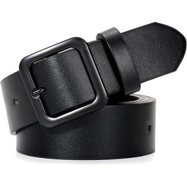 SANSTHS Women’s Leather Belts for Jeans Pants Dresses Fashion Ladies Black Belt with Square Black Buckle, Black S