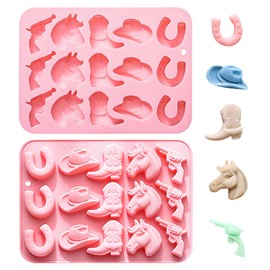 Western Cowboy Ice Cube Mold, Pink Silicone Tray with Horse Boot Hat Gun Shapes, Set of 2