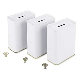 Pack of 3 White Tin Donation Box Money Holder Can with Lock - Blank - one Key