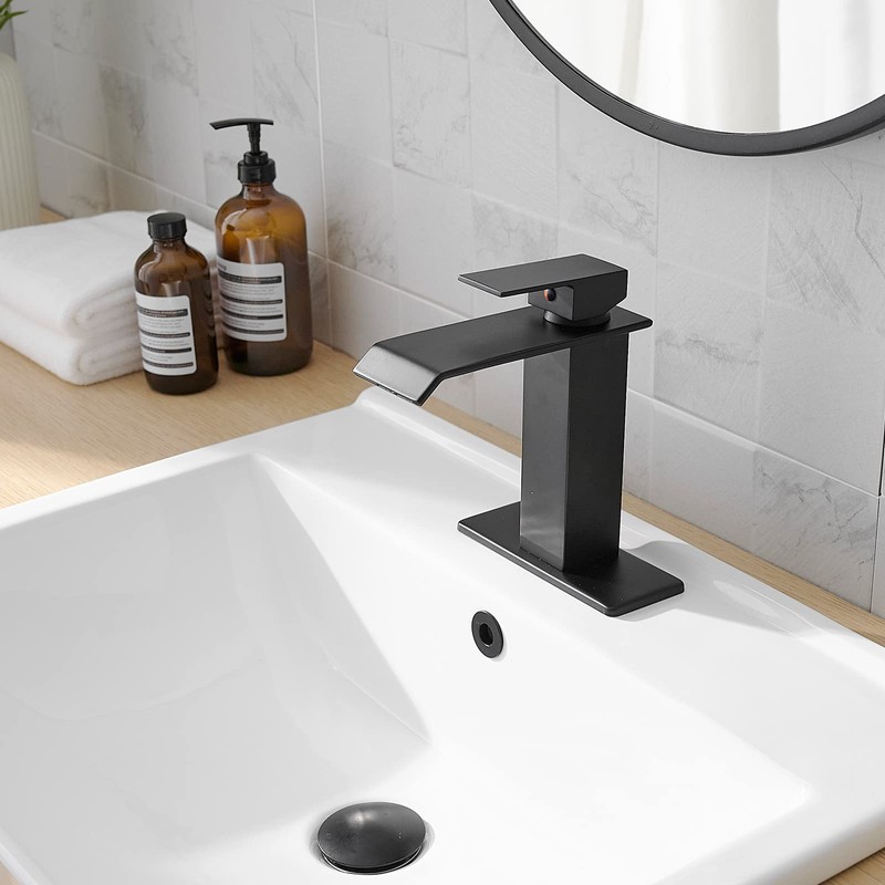 BATHLAVISH Matte Black Bathroom Faucet Waterfall Single Hole with Pop
