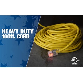 Southwire Outdoor Extension Cord – Durable Vinyl Jacket for For Farm, Ranch & Workshop - Lighted End With Reinforced Blades - SJTW, Yellow - 12 Gauge, 3 Prong - 100 Feet