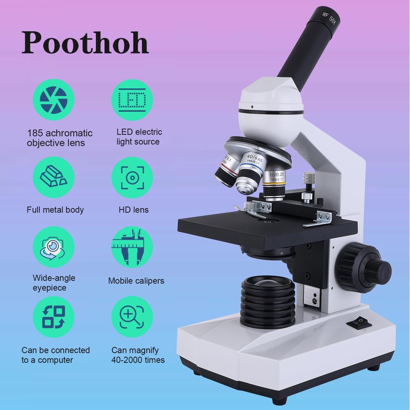 Poothoh compound monocular microscope 40x-2000x magnification Coaxial coarse and fine