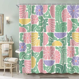 DeeCabin Boho Abstract Colorful Floral Shower Curtain, Vintage Retro Patchwork Purple Green Flower Botanical Geometric Aesthetic Groovy Bathroom Decor Shower Curtain Set with 12 Hooks, 60X70IN