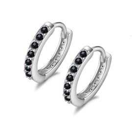 7mm Sterling Silver Cubic Zirconia Small Hoop Earrings Ear Cuff for Cartilage Pierced Women Teen Girls Huggie Tiny Hoops Black CZ