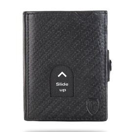 Blade® Men's Card Holder with Coin Compartment, 6-8 Card Holder, Leather Credit Card Holder with RFID Protection, Mini Wallet Pop Up, Card Wallet, Credit Card Holder, Men's Wallet, Black, carbon