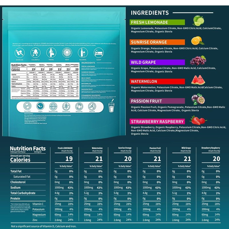 OZENKE Electrolyte Powder Packets 30 Sugar Free Hydration Sticks 6