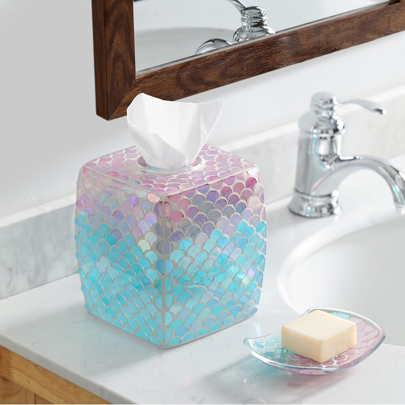 Motifeur Glass Tissue Holder, Decorative Square Tissue Cover Box (Mermaid)