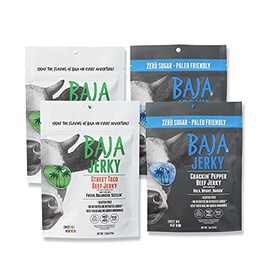 Baja Beef Jerky Variety Pack - Healthy Beef Jerky, Gluten Free, 10g Protein, Low Calorie, 100% All Natural Beef Jerky, No Nitrates or Hormones - Street Taco & Crackin' Pepper, 2 & 2.5 Oz Bags (Pack of 4)