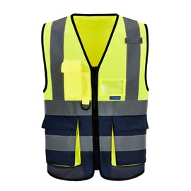 AYKRM 21 Colours Safety Vest Reflective Safety Vest with Reflective Strips with Zip and Pockets Work Vest, Yellow and navy
