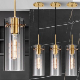FEAZAC Gold Pendant Light Fixtures, 3 Pack Modern Pendant Lighting with Clear Striped Glass Shade, Hanging Pendant Lights Kitchen Island, Farmhouse Pendant Lighting for Dining Room Bedroom Bathroom