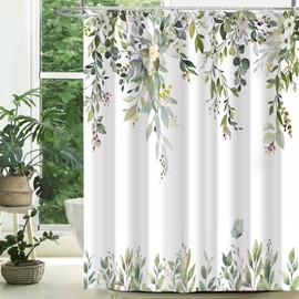 CTOTSYC Cortina de ducha de eucalipto, hojas de acuarela verdes con decoración de baño botánica floral, juego de cortina de baño de tela impermeable con ganchos, 72 x 78 pulgadas
