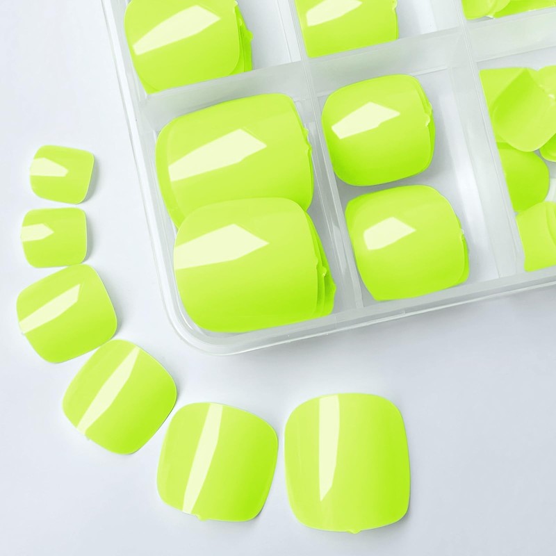 LuckForever Short Press on Toenails 240pc Glossy Neon Yellow Press