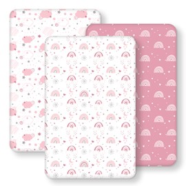 FIEMOL Next to Me Crib Sheets 85x51cm Fitted, 3 Pack Baby Cot Sheets, Ultral Soft & Silky Smooth Microfiber Bedside Crib Fitted Sheets Pink Rainbow