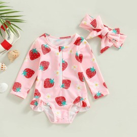 Carolilly Toddler Baby Girl Swimming Costume UV Protection Long-Sleeve Strawberry Print Zipper One Piece Swimwear with Headband (Strawberry A, 2-3 Years)