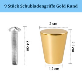 Dreamark Pack of 9 Drawer Handles Gold Round Metal Furniture Handles, Cabinet Knobs and Drawer Knobs, Door Knobs for Cabinets and Drawers, Furniture Knob Modern with Screws