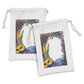 Ambesonne Mardi Gras Fabric Pouch Set of 2, Colorful Framework Design Vibrant Beads and Fat Tuesday Holiday Theme, Small Drawstring Bag for Toiletries Masks and Favors, 9" x 6", Multicolor