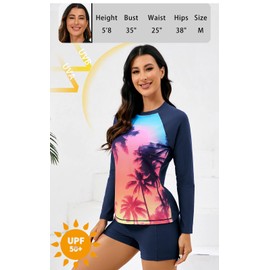 Halcurt Women's Built in Bra Rash Guard Long Sleeve Swimwear UPF 50 Two Piece Swim Shorts and Tops, Navy Ombre Palm, Medium
