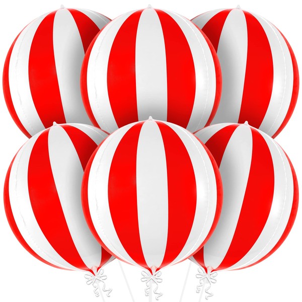 KatchOn, Carnival Balloons for Carnival Decorations - 22 Inch, Pack of 6 | Red and White Striped Balloons, 4D Striped Circus Balloons | Carnival Theme Party Decorations, Circus Theme Party Decorations