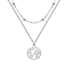 ayered World Map Necklace Globetrotter Necklace for Women Dainty Layered Beaded Necklace (Silver)