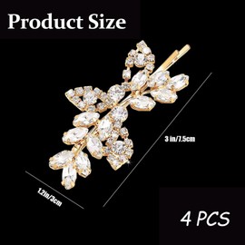 MOTIBACK 4 Pcs Gold Rhinestone Bridal Hair Clips – Elegant Prom Hair Accessories for Women, Crystal Leaf Wedding Hairpins