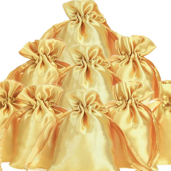 50 Pieces 3 x 4 Satin Bags with Drawstring Gift Pouch Mini Jewelry Bags Small Wedding Favor Bags Smooth Soft Satin Fabric Candy Pouches for Baby Shower Decoration (Gold)