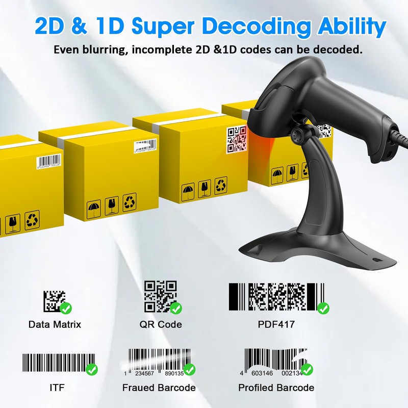 Barcode Scanner with Stand USB Wired Inventory 2D 1D QR