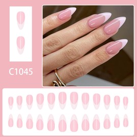 French Tip False Nails - Pink Press on Nails Medium Length - 12 Sizes Removable Fake Nails Almond - Semi-Transparent nails French Tip - Full Cover Stick on nails for Women DIY Manicure