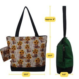 NGIL Medium Top Zipper Closure Canvas Tote Bag with Attached Matching Coin Purse For Moms, and Nurses (Cowboy Boots and Sunflowers-Black)