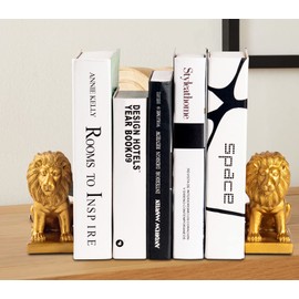 Lion Book Ends for Home Decorative 2 Golden Bookends Bookcase Decoration Book Ends to Hold Books Heavy Duty Bookends for Shelves Vintage Antiq Nonskid Shelves