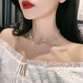 Aneneiceera Boho Layered Ring Pendant Necklace Pearl Choker Gold Necklace Circle Pendant Necklace Beaded Clavicle Chain Wedding Jewelry Necklaces for Women and Girls for Gift