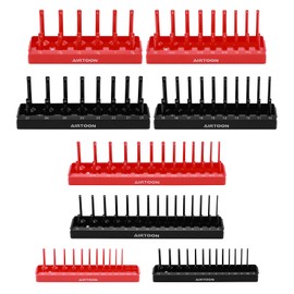 AIRTOON 1/4-Inch Drive Socket Organizer Trays, 2-Piece SAE and Metric Socket Tray Set, Deep and Standard Socket Holders Organizers for Toolbox, Black & Red