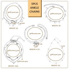 DAVBNM 5 Pcs Ankle Bracelets for Women, Women's Anklets for Women, Ankle Chains, Adjustable Silver Anklets, Butterfly | Star Sliver Foot Bracelet, Heart Layered Anklet, Pearl Double Layer Foot Jewelry