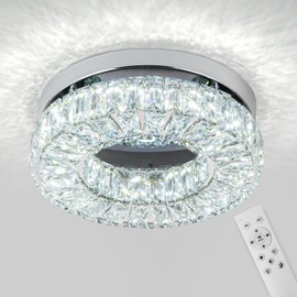 Dimmable Crystal Chandeliers 11.8" LED Flush Mount Modern Ceiling Light Fixtures for Bedroom Dining Room Hallway (2500K to 6500K Adjustable) Come with Remote Control