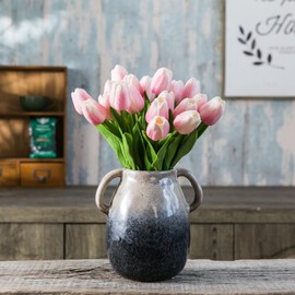 JOJUNO Brown to Blue Gradient Ceramic Vase with 2 Handles, Modern Farmhouse Vase for Home Decor, Rustic Decorative Pottery Vase, Small Centerpiece for Dining Table - 7 Inch Tall