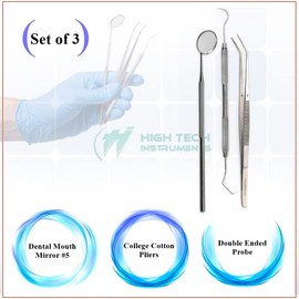 3 Pcs Dental Kit Mirror, Serrated Tweezers, Double Ended Pick for Professional Teeth Cleaning Calculus Plaque Remover Made of Stainless Steel for Oral Care With Knurled Handle